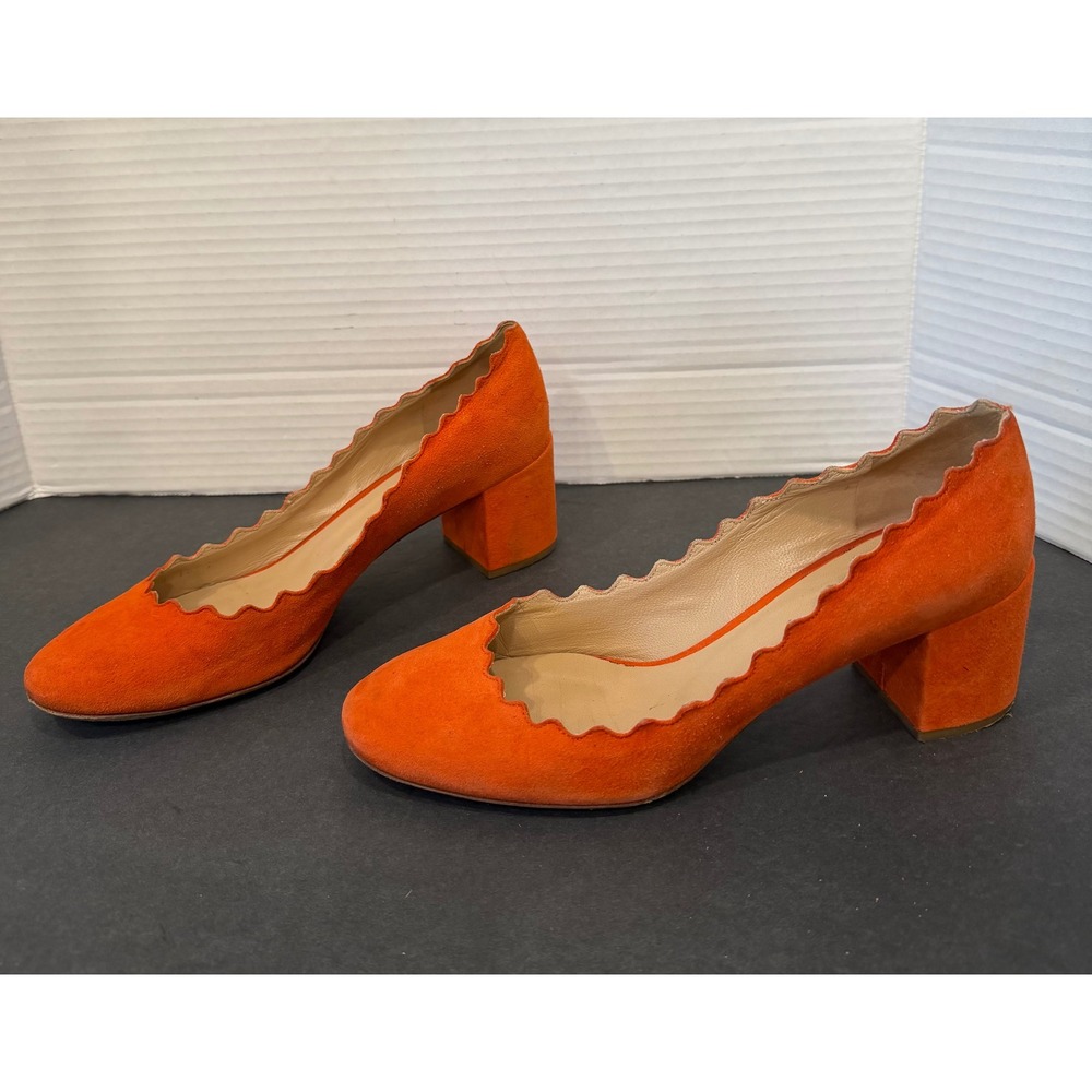 Chloe Lauren Orange Suede Scalloped Block Heel‎ Italy Pumps EU 36 US 6